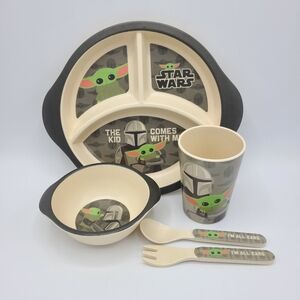Disney Star Wars Mandalorian Baby Yoda Kids 5 piece Bamboo Dinnerware Set New